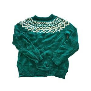 Hand Knit Sweater Womens Green Fair Isle Nordic Yoke Wool Mock Neck Pullover